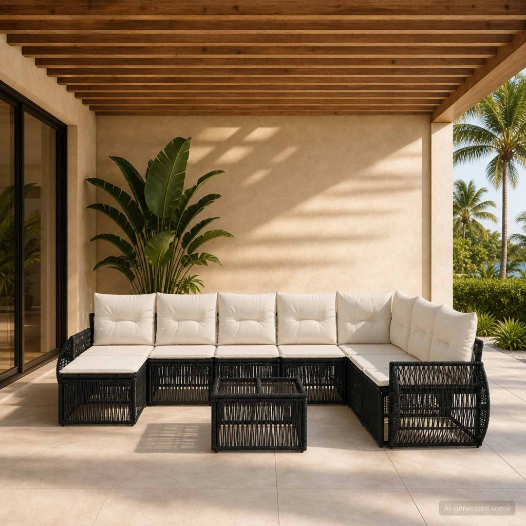 Set Divano da Giardino 9 pz Nero e Bianco Crema polyrattan 3435511