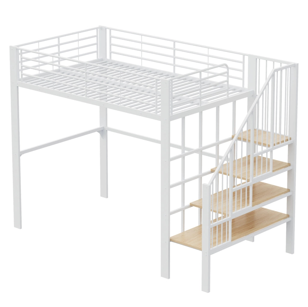 Letto a soppalco 140x200 cm con contenitore e scala in metallo e legno bianco