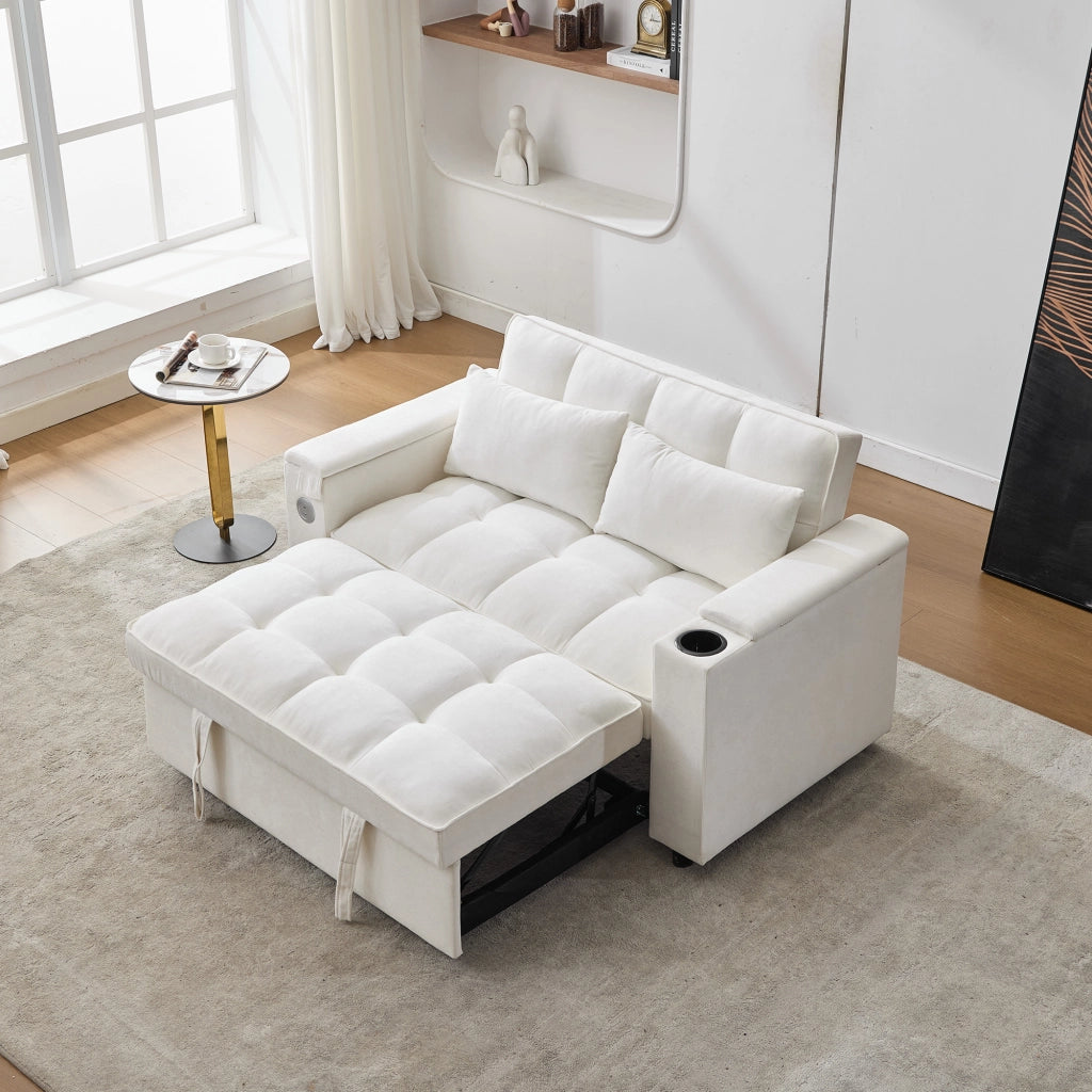 Divano letto convertibile con schienale regolabile porta USB tavolino nascosto e portabicchieri in tessuto beige