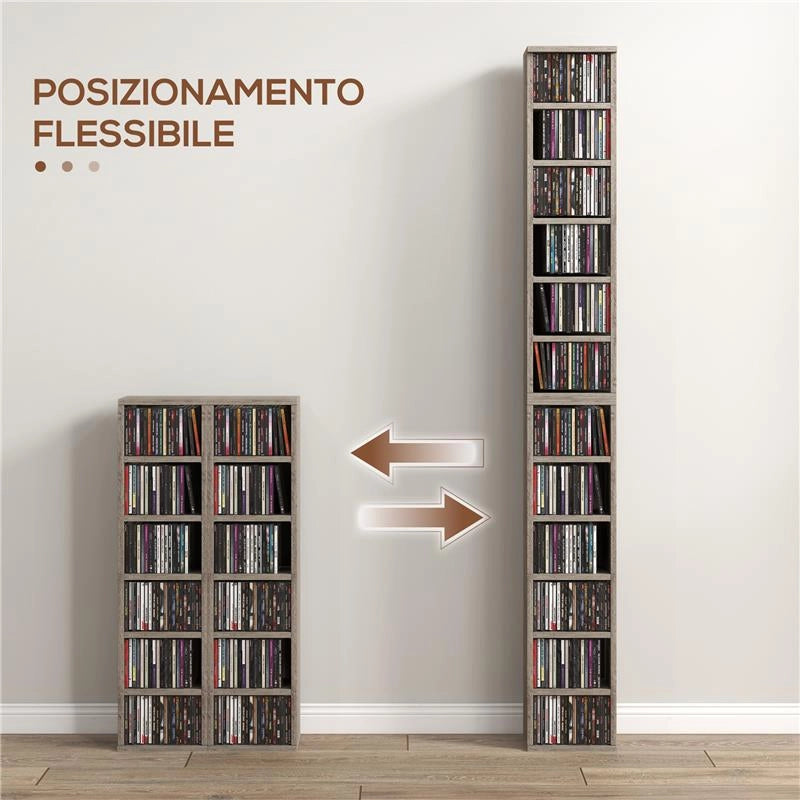 SET DI 2 SCAFFALI PORTA CD CON MENSOLE REGOLABILI PER 204 CD 21X22.5X88.5 CM GRIGIO