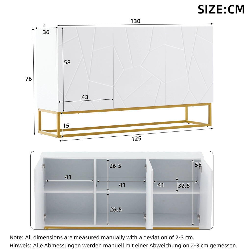 Credenza 130x38x76 cm con ripiani regolabili in truciolato bianco