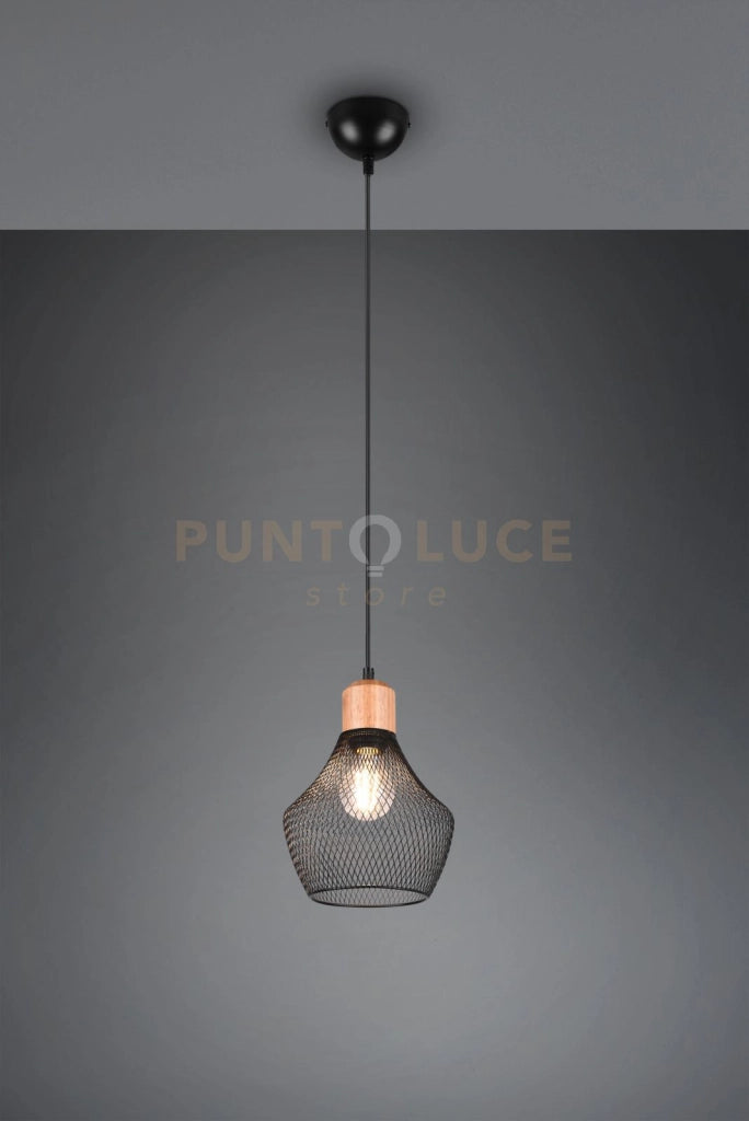 VALERIA SOSPENSIONE METALLO GABBIA NERA CON PARTICOLARE IN LEGNO NATURALE D. 18CM 1 LUCE ATTACCO E27