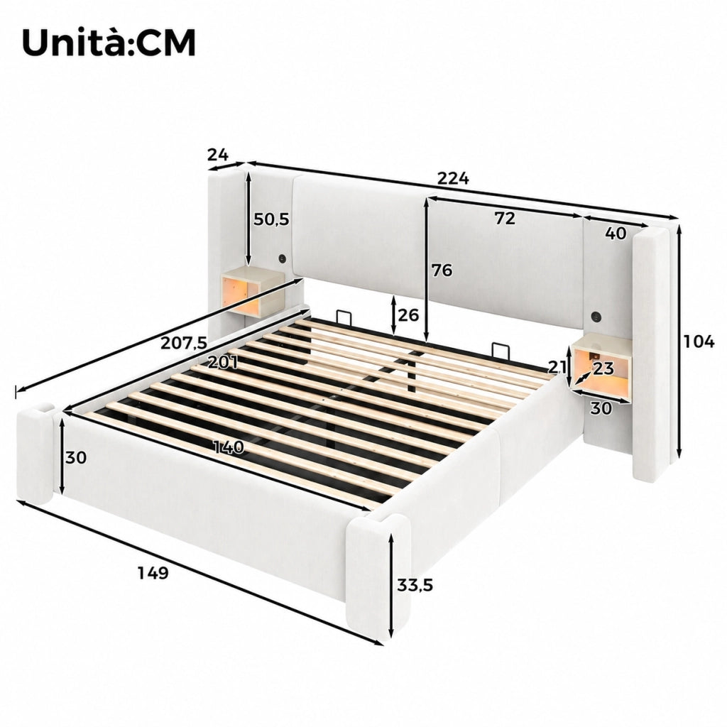 Letto contenitore 140x200 cm beige con LED e sollevamento idraulico in lino