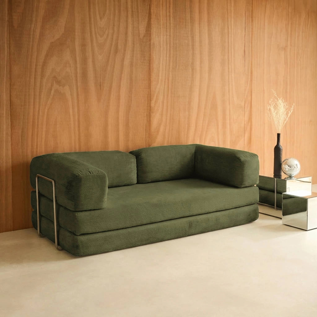 Divano letto futon in velluto a coste e struttura cromata, verde kaki
