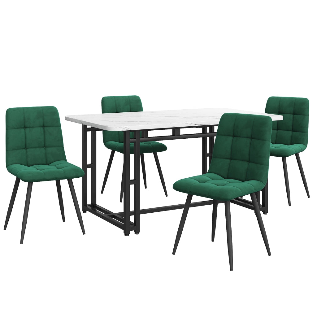 Tavolo da pranzo per 4 persone con 4 sedie in velluto, in MDF e metallo, verde, per sala da pranzo, 140 × 80 cm