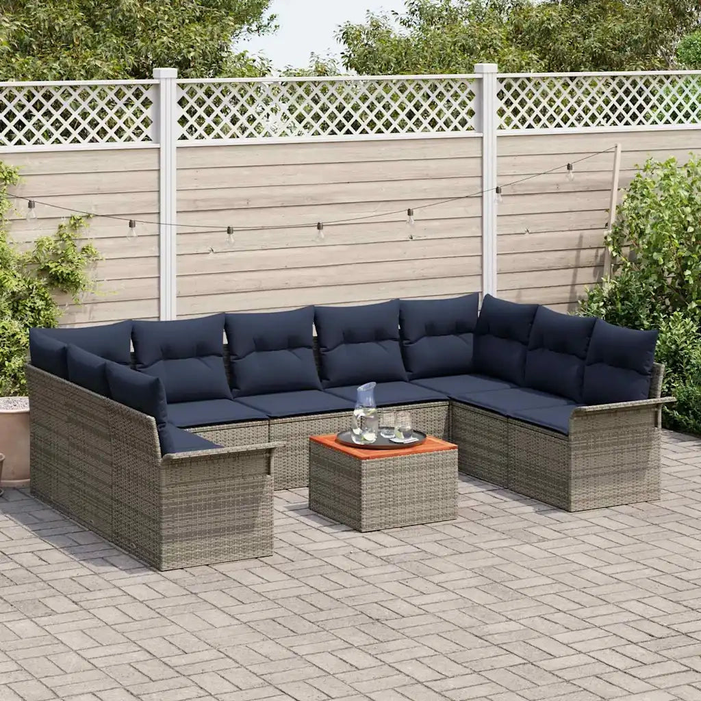 Set Divano da Giardino 10 pcs Grigio e Blu Navy polyrattan