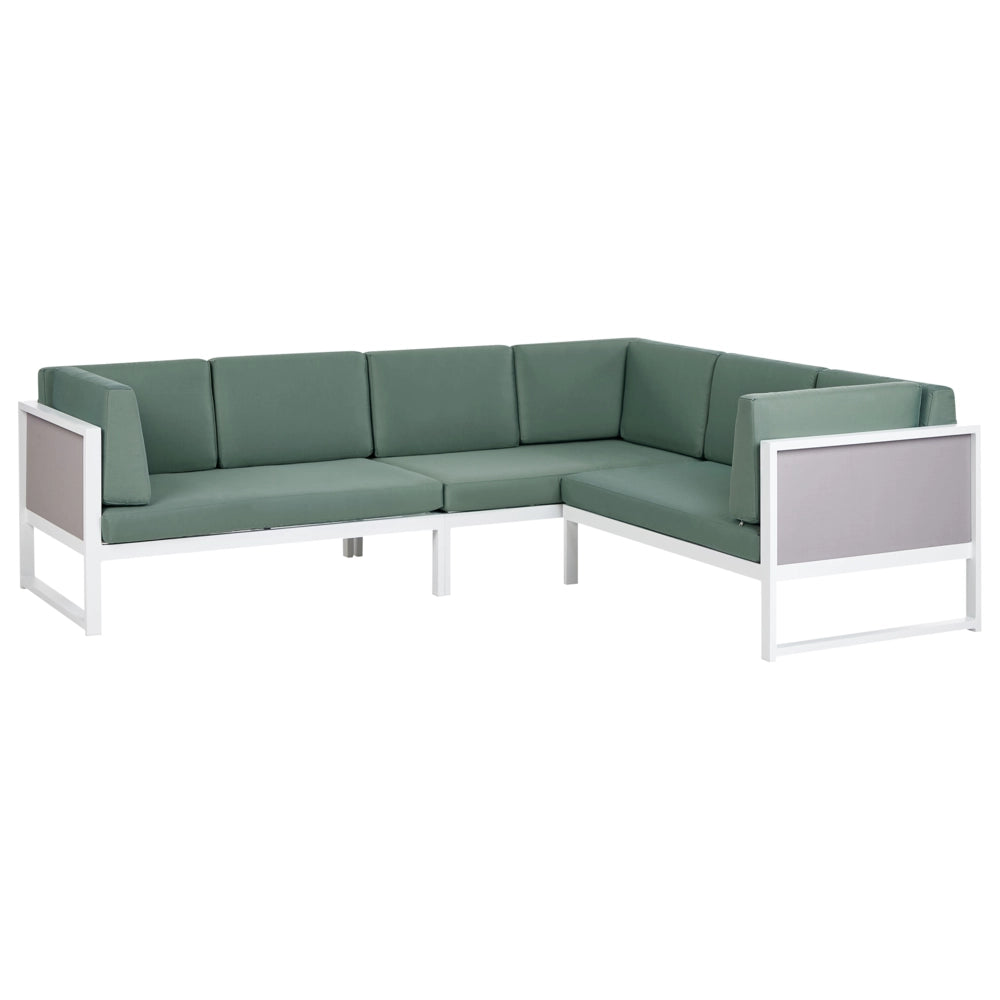 Set da salotto da giardino con tavolino bianco in alluminio bianco con cuscini verdi e tavolino stile moderno esterno