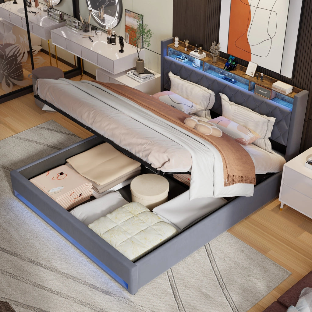 LETTO Imbottito 180 x 200 cm in Velluto Grigio con LED, USB e Contenitore