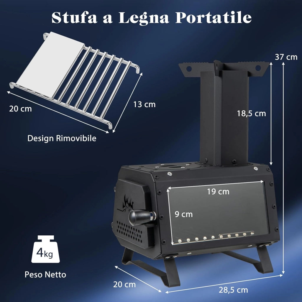 Fornello a Legna Portatile, Fornello da Campeggio a Legna con 2 Posizioni di Cottura, Maniglia Antiscottatura e Finestra in Vetro, per Feste, Campeggio, Escursioni