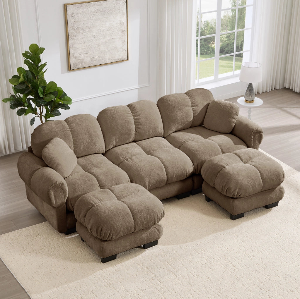 Divano modulare a U 3 posti 260x149 cm con cuciture trapuntate in ciniglia marrone