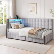 Divano letto imbottito 90x200 cm con 2 cassetti, LED integrato, porte USB e Type-C, struttura in metallo, grigio