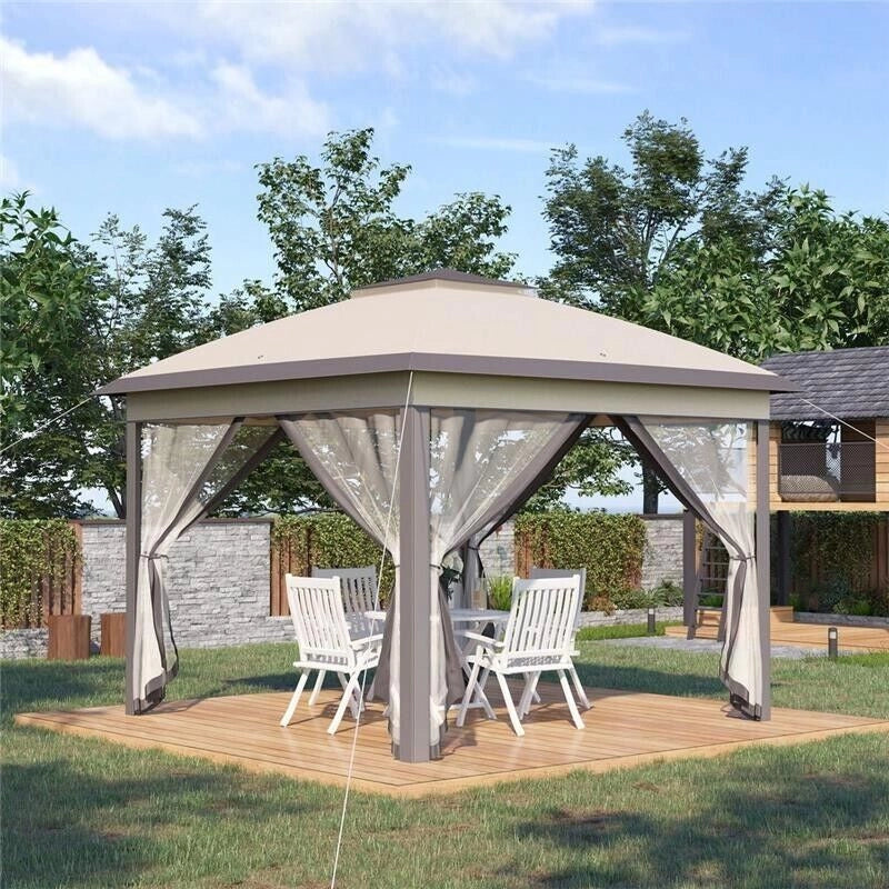 GAZEBO PIEGHEVOLE CON ZANZARIERA E DOPPIO TETTUCCIO, 330X330X288CM, BEIGE