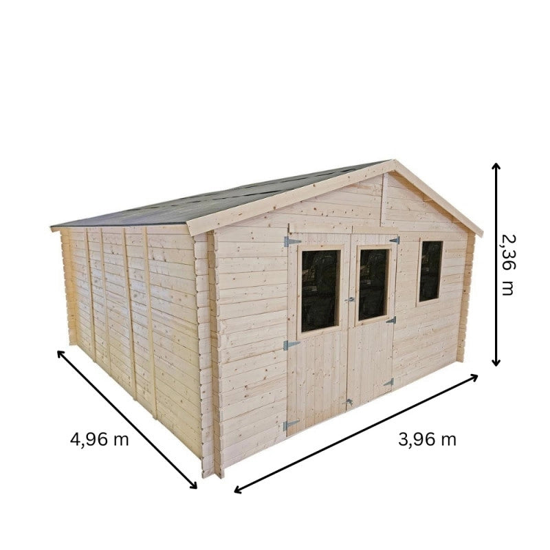 Casetta in legno da giardino 396x494 cm - Pareti 25 mm - Porta doppia finestrata - Tetto OSB - Abete naturale