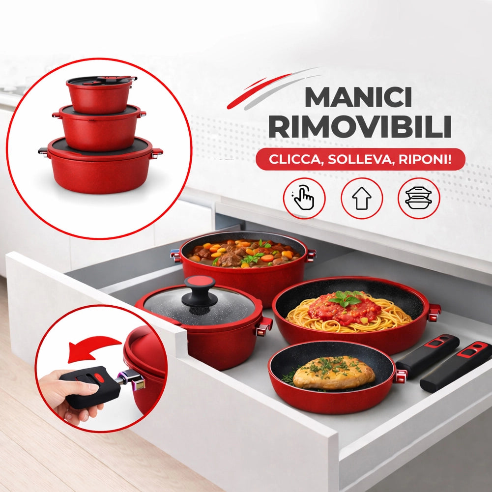 Set 24 Pezzi Batteria di Pentole Manici Removibili Rubino Suprem in Alluminio Pressofuso Rosso