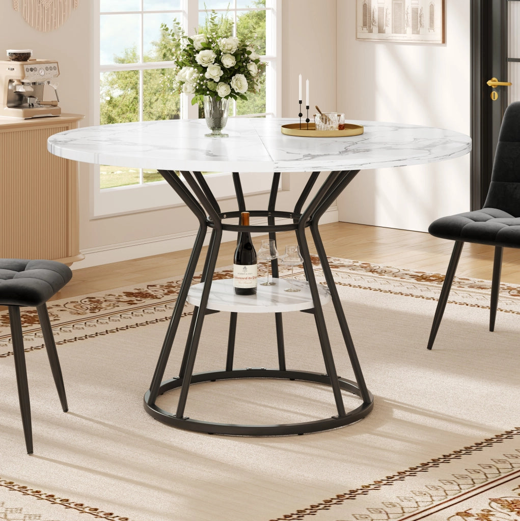 Tavolo da pranzo rotondo 100x100x76 cm con ripiano; MDF e metallo nero