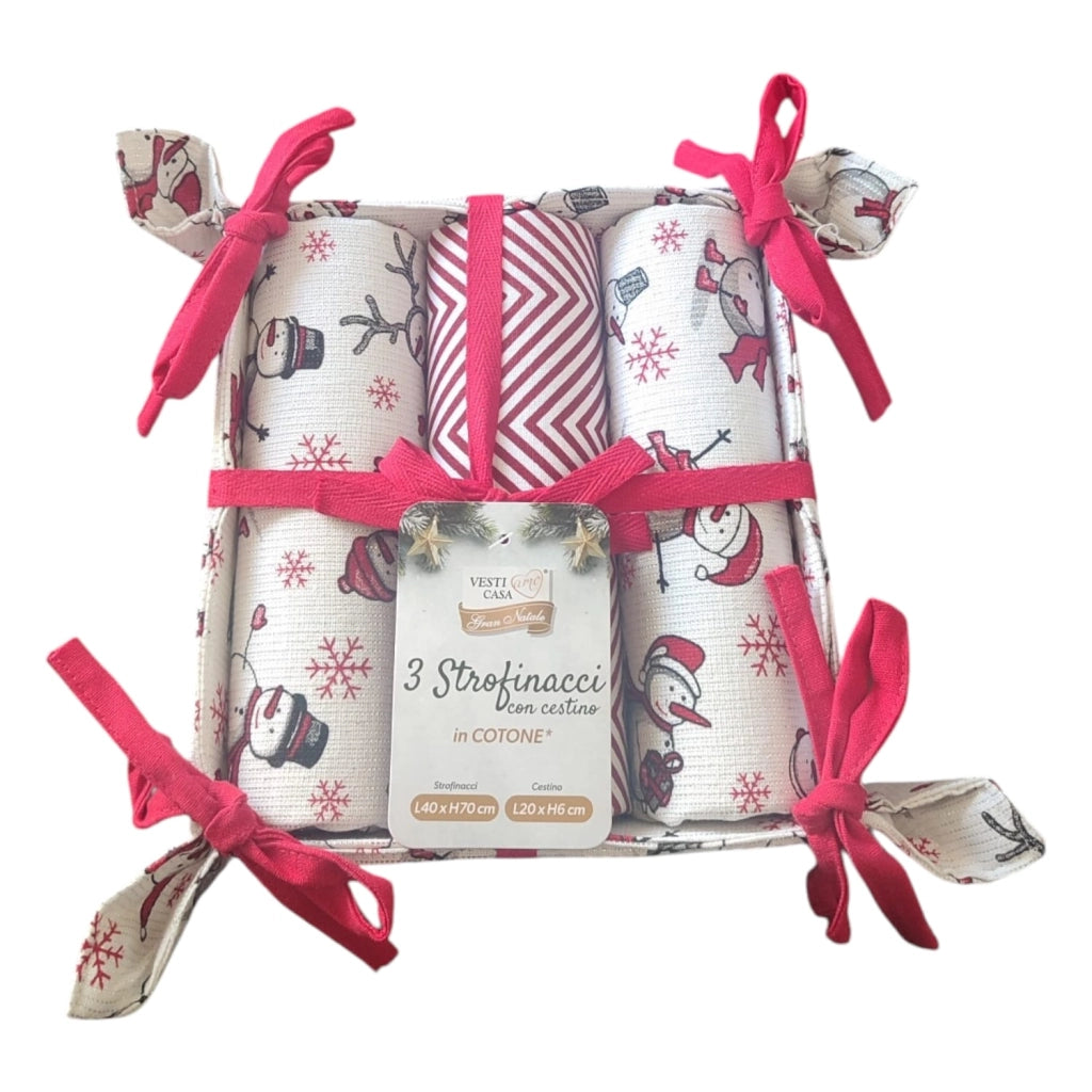Set 3 Strofinacci con Cestino Portatovaglioli – Fantasie Natalizie