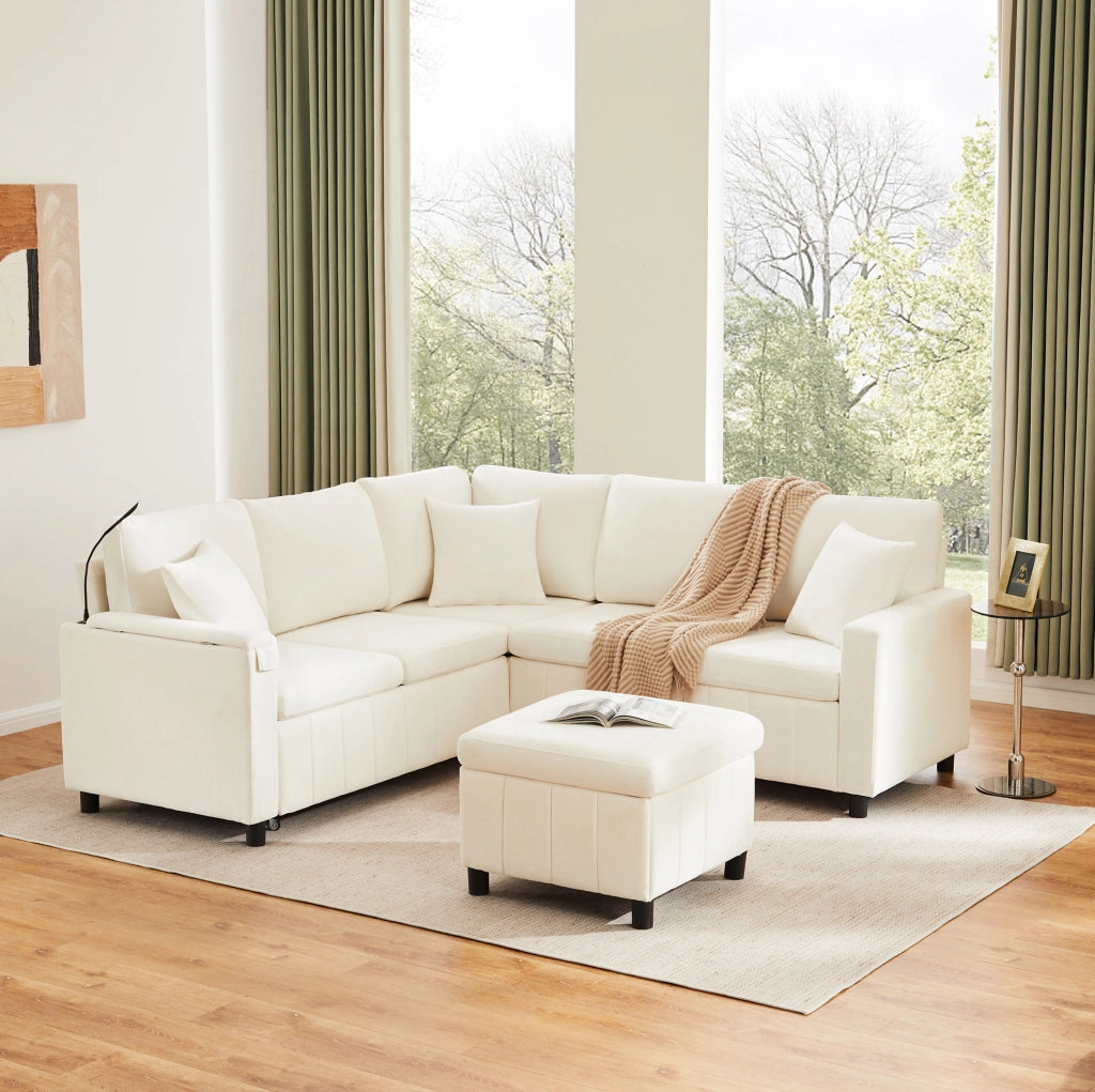Divano angolare letto in ciniglia con pouf contenitore; USB e Type-C; beige