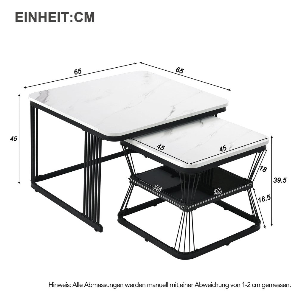 Set 2 Tavolini da Salotto ¨C Xylo ¨C MDF Effetto Marmo, Metallo Bianco Lucido e Nero