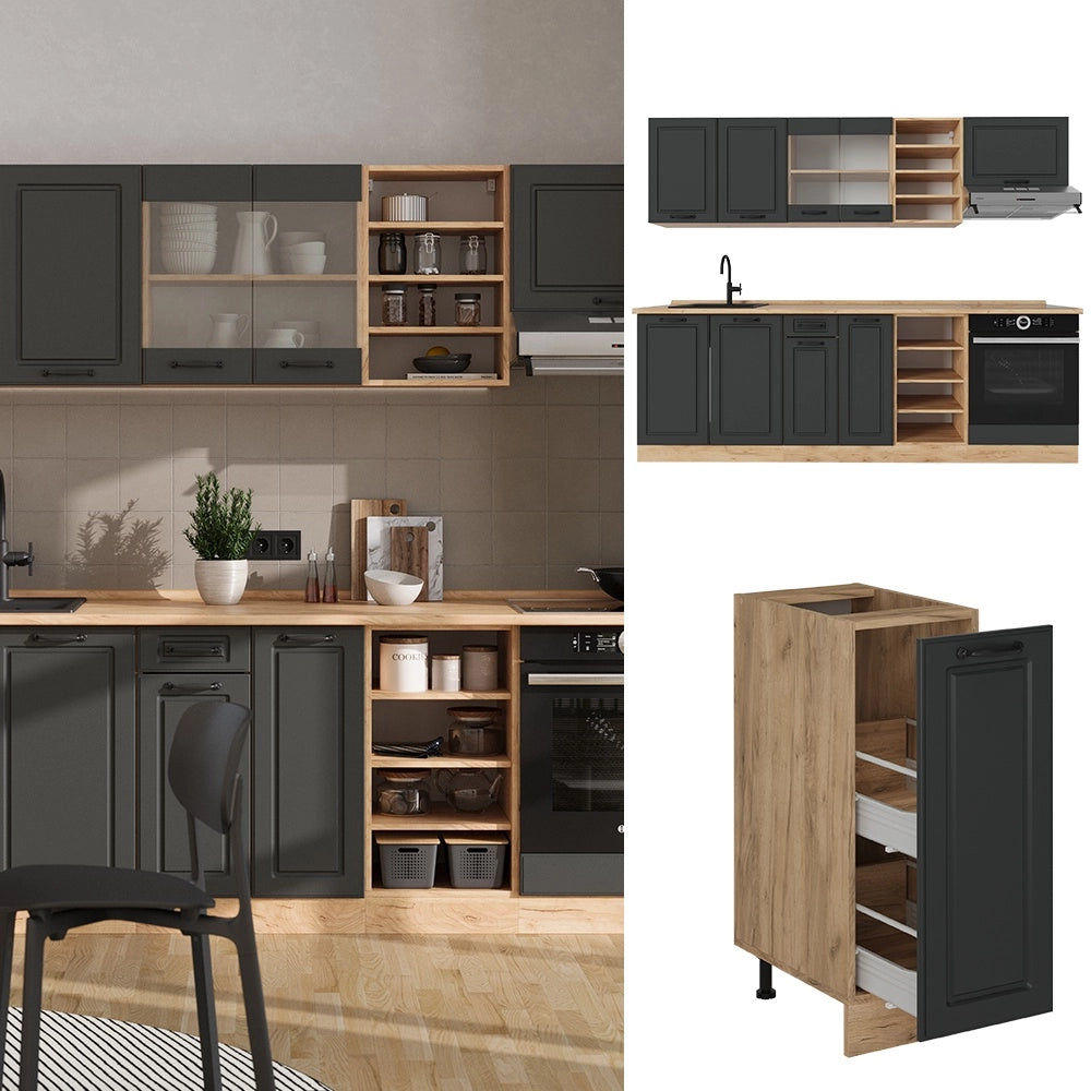 Cucina componibile R-Line Antracite rustico/Rovere dorato 240 cm, PL Rovere Vicco