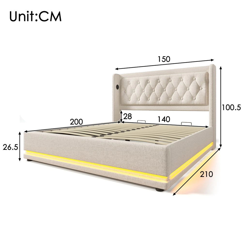 Letto Imbottito Contenitore Matrimoniale con LED ¨C MINIMAL ¨C Beige, 140x200, Idraulico, USB