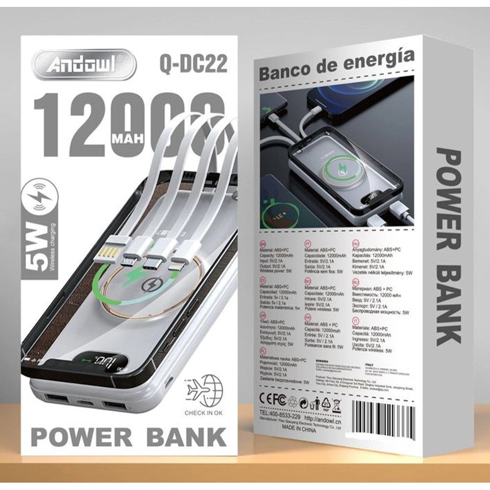 Trade Shop - Power Bank 12000mah Con Ricarica Magnetica Wireless Da 5w Cavi Integrati Multitipo Q-dc22 -