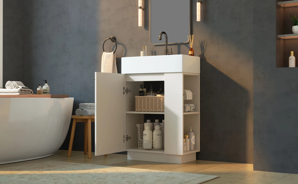 Mobile sottolavabo da bagno con lavabo in ceramica, anta soft-close e ripiani aperti, bianco, 55 × 32 × 87 cm
