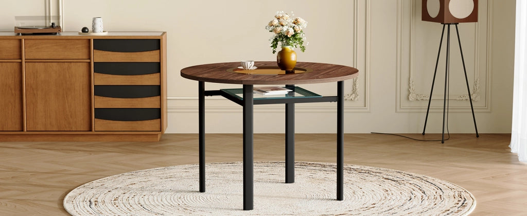 Tavolo da pranzo - rotondo Ø100 cm - design minimalista - effetto legno marrone - vetro grigio - per 2-4 persone