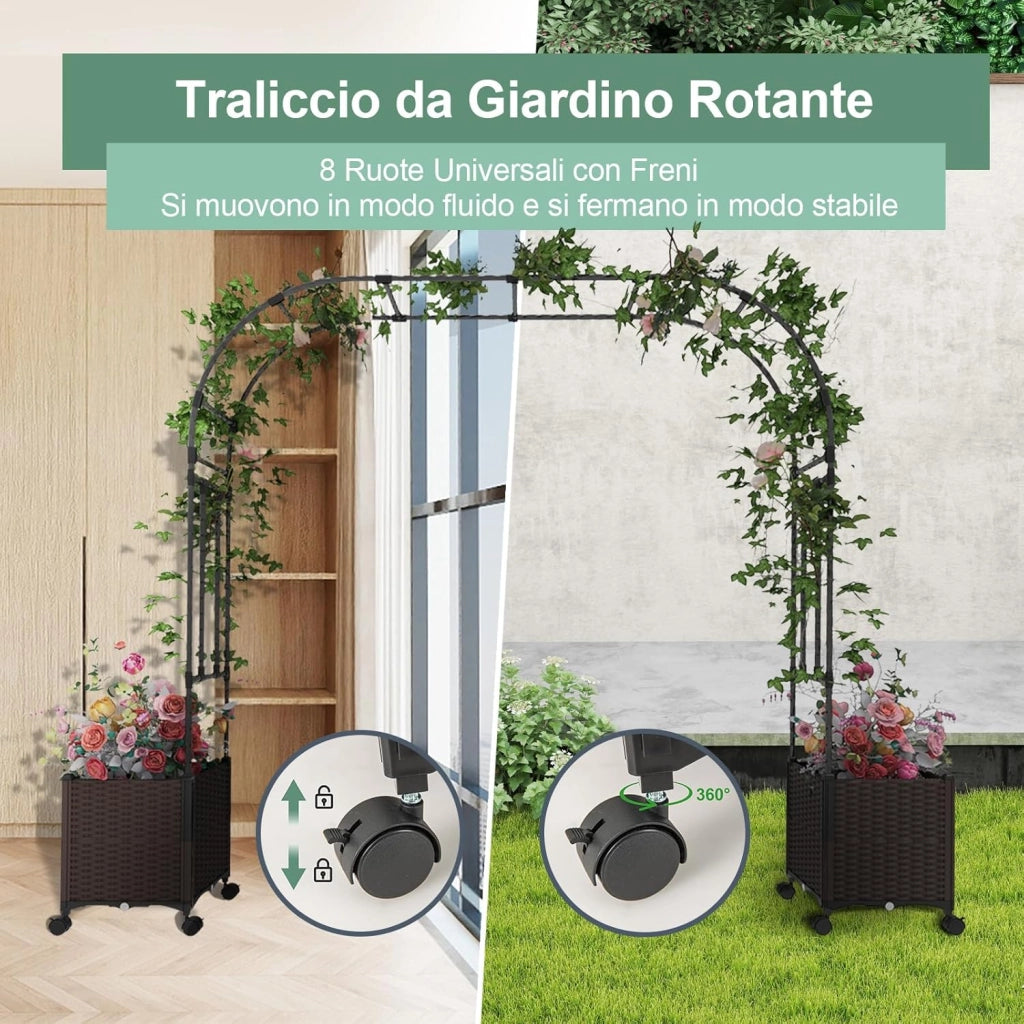 Arco da Giardino, Pergolato per Piante Rampicanti con 2 Fioriere, Sistema di Autoirrigazione, Fori di Drenaggio e Ruote Bloccabili, Decorazione per Matrimoni