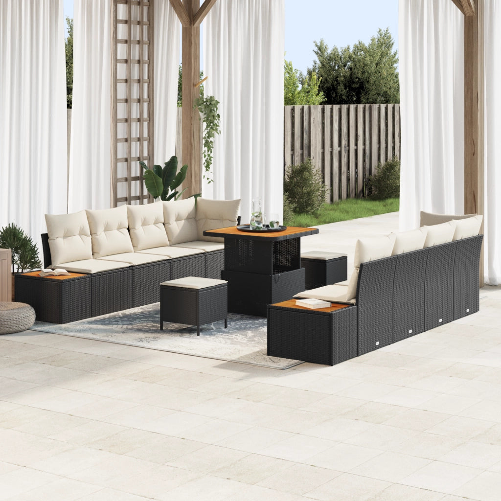 Set Divano da Giardino 11 Pezzi con Cuscini Nero Polyrattan Acacia