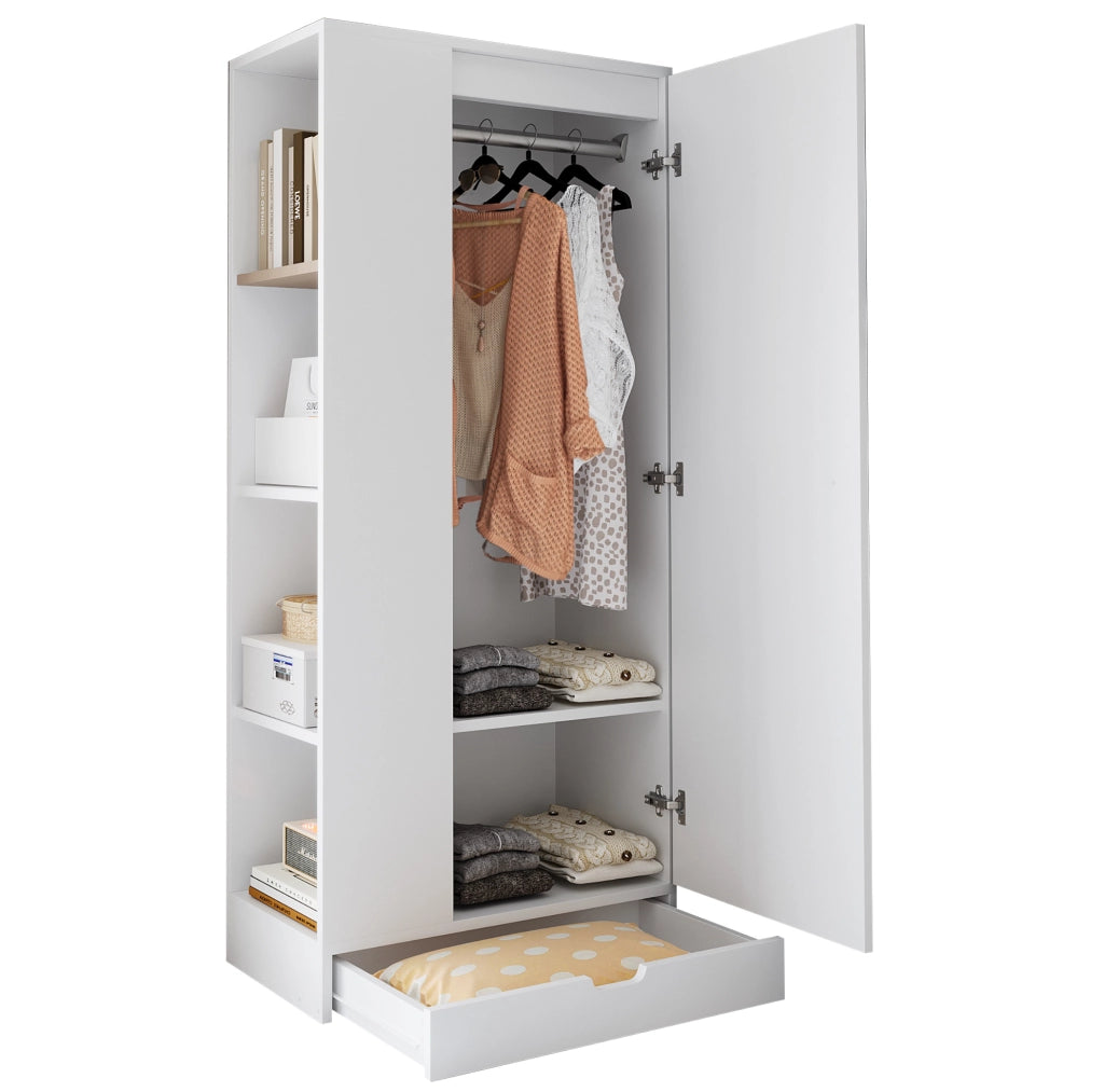 Armadio guardaroba bianco a 1 anta con ripiani e cassetti, 70×40×170 cm