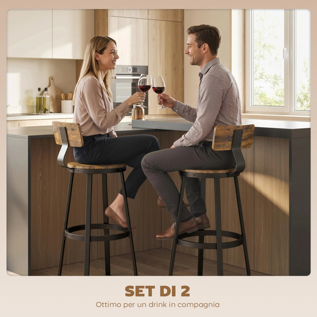 Set 2 Sgabelli da Bar Stile Rustico con Poggiapiedi, in Legno e Metallo, 37x47x96 cm, Marrone