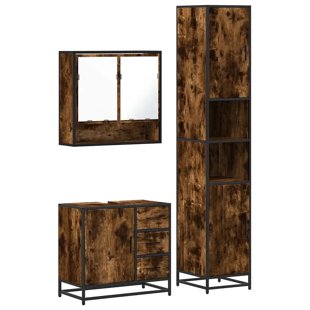 Set Mobili da Bagno 3 pz Rovere Fumo in Legno Multistrato 3301107
