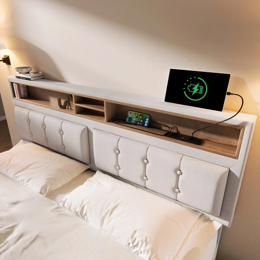 Letto Contenitore Imbottito con 4 Cassetti e USB ¨C MINIMAL ¨C Testiera Regolabile, Doghe in Legno, 140x200