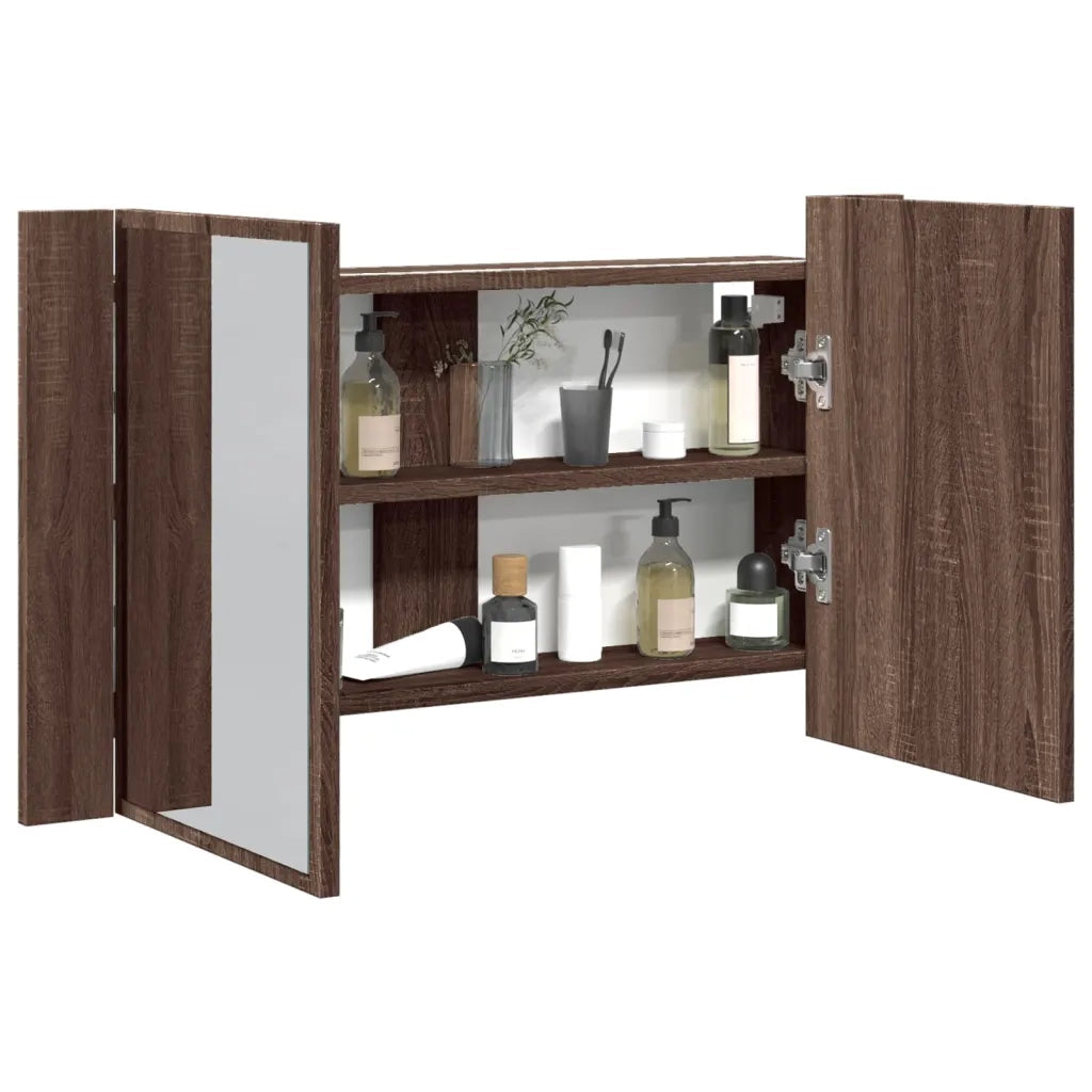 Armadietto Specchio con LED-Mobile bagno con specchio Rovere Marrone 80x12x45cm Acrilico