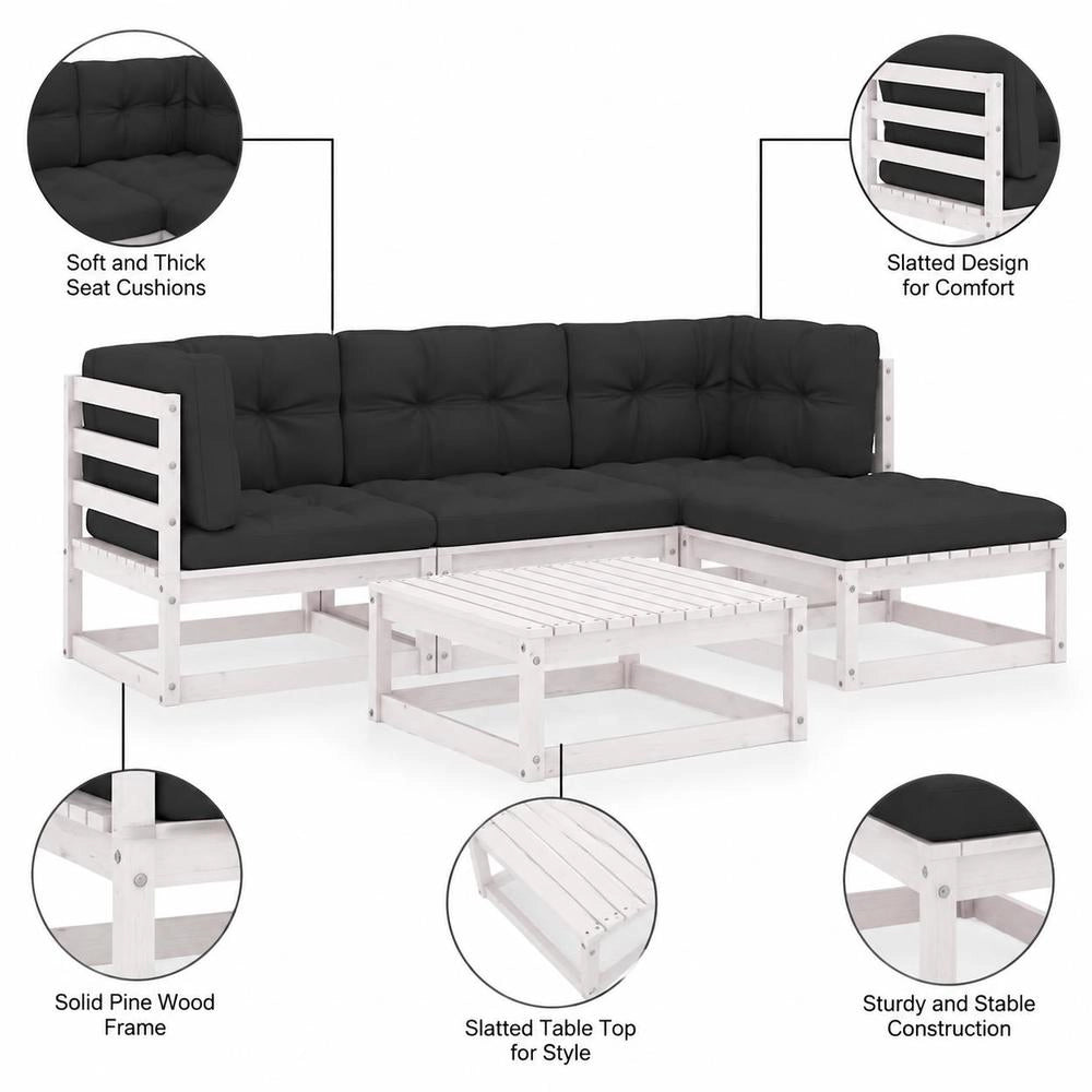 5-piece Garden Lounge Set With Cushions, Solid Pine Wood