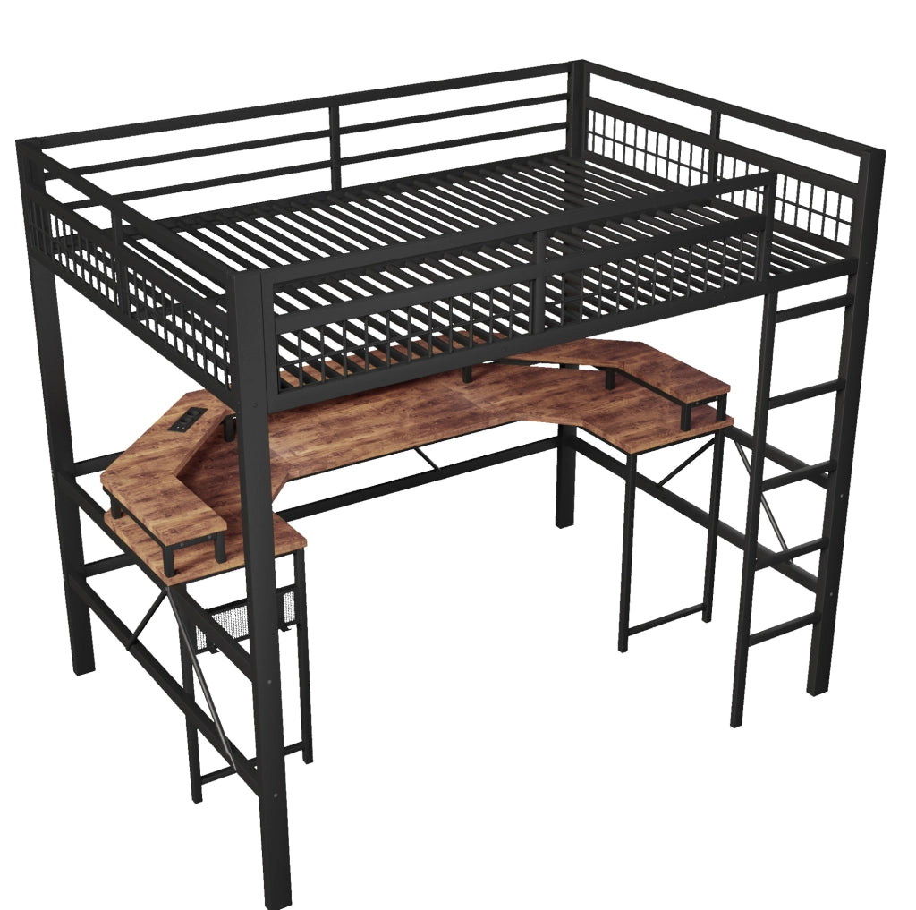 Letto a soppalco 140x200 cm con scrivania; LED e porte USB; in metallo e MDF