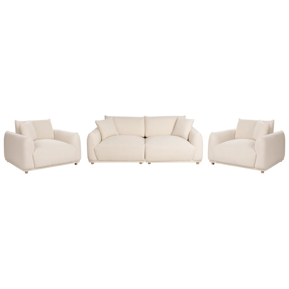 Set divano moderno a 5 posti in bouclè con cuscini decorativi e poltrone con gambe in legno bianco sporco stile moderno