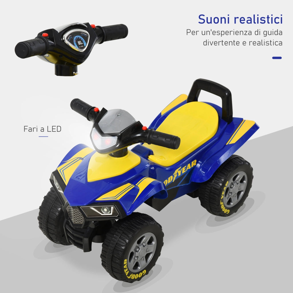 EasyComfort Quad Giocattolo per Bambini 18-36 Mesi con Licenza GOODYEAR con Luci e Suoni Realistici, Blu e Giallo, 60x31x42cm