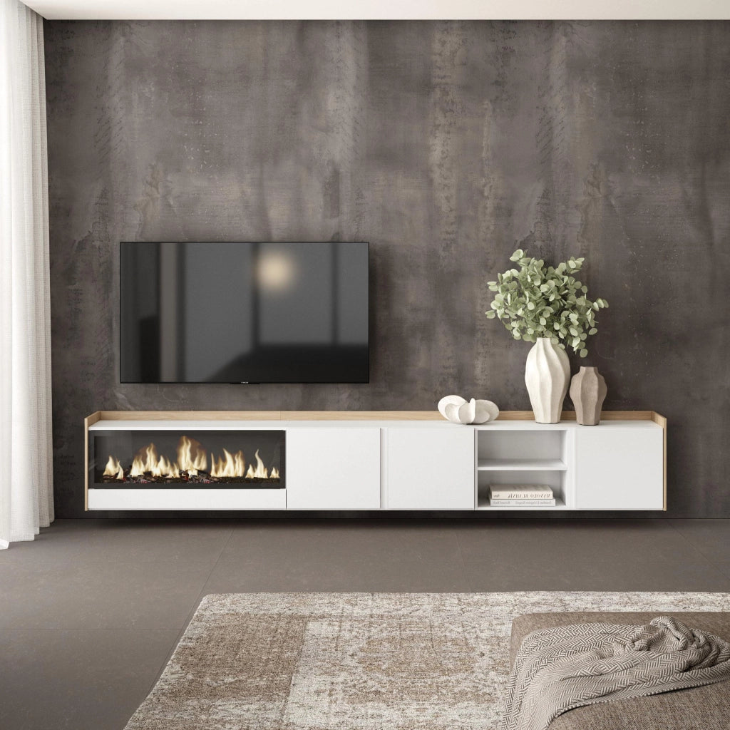 Mobile TV Soggiorno, 315x50x35 cm, Per TV fino a 80", Camino elettrico XXL, Sospeso, da appendere, Bianco e Rovere soft