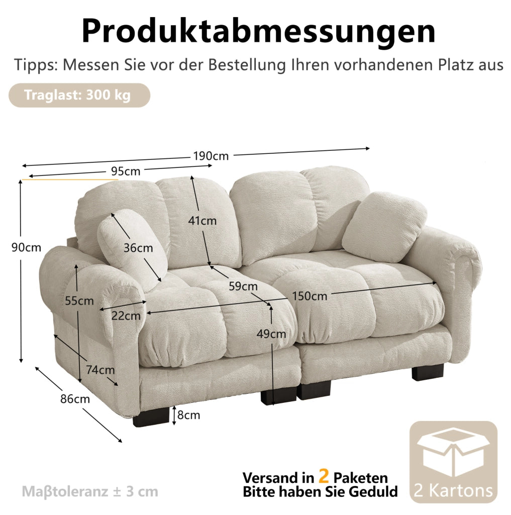 Divano modulare in chenille con cuciture trapuntate 190x86x90 cm; cachi chiaro