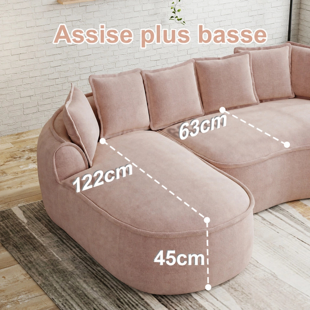 Divano modulare in ciniglia senza struttura con seduta profonda, chaise longue e braccioli larghi rosa 252 × 164 × 67 cm