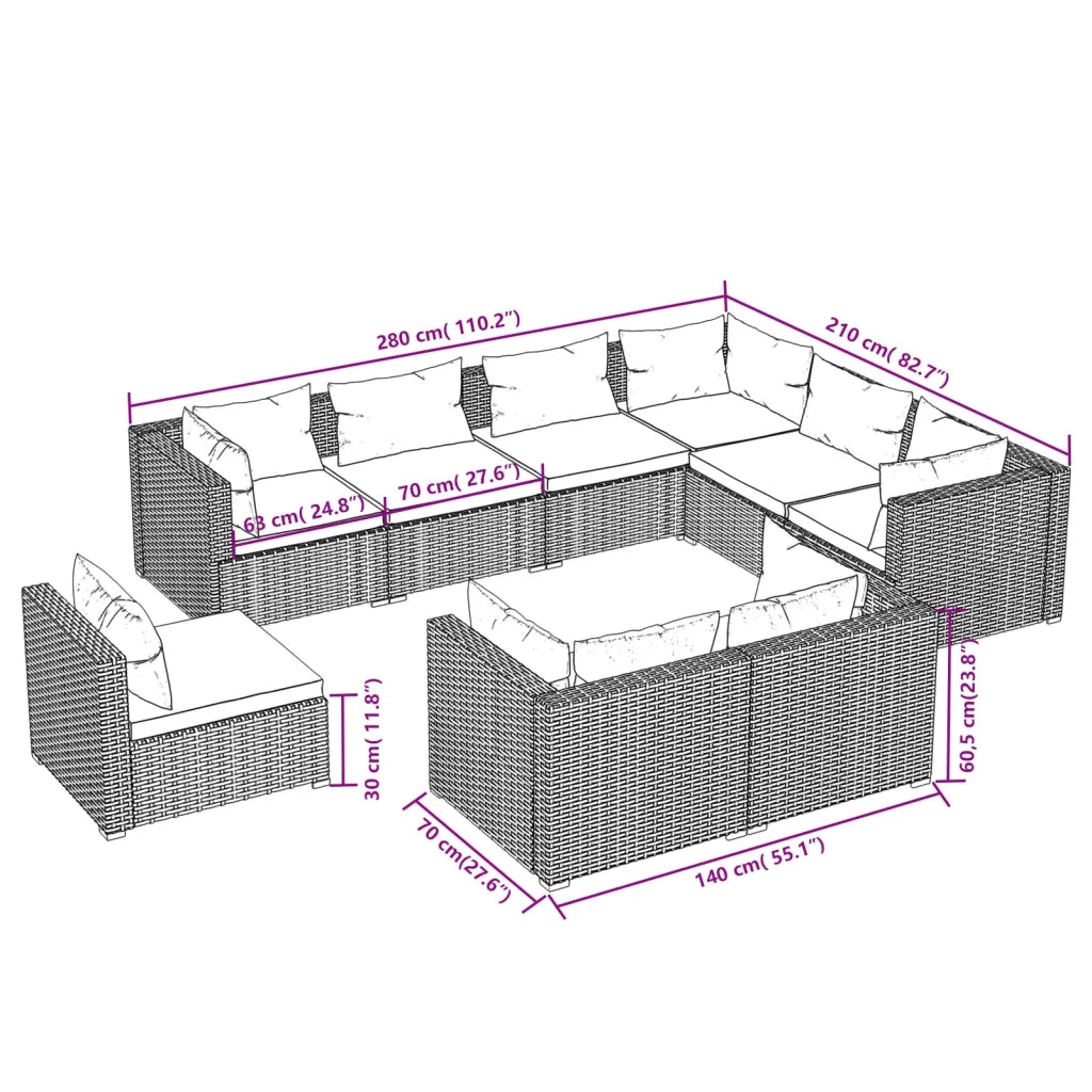 Set Divani da Giardino 9 pz con Cuscini in Polyrattan Marrone 3102643