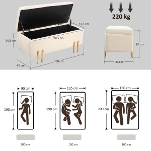 Panca contenitore con seduta imbottita e struttura in legno e metallo per ingresso soggiorno camera da letto beige 100 × 40 × 42 cm