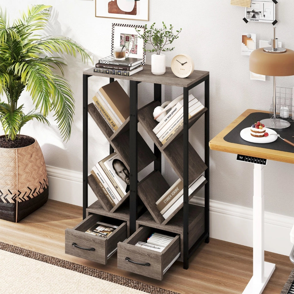 Organizzatore di stoccaggio a 4 ripiani con cassetto-Libreria alta e stretta per spazi ridotti Grigio & Nero