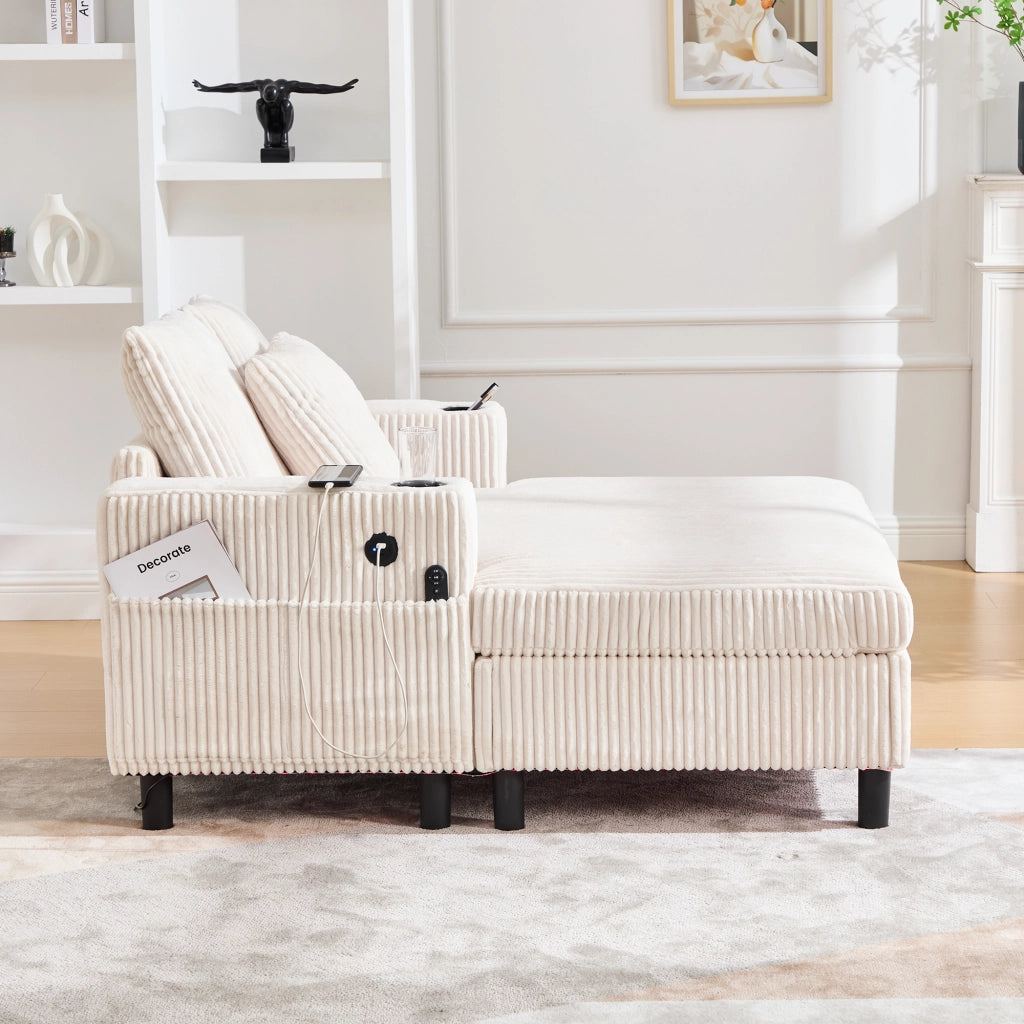 Poltrona Chaise Longue con LED; Porte USB e Portabicchieri; in Velluto a Coste Beige; 142 × 128 × 85 cm