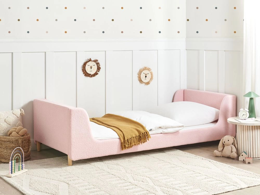 Letto singolo in bouclè rosa con base a doghe 90 x 200 cm Camera da letto Bambini Camera Moderna Tradizionale