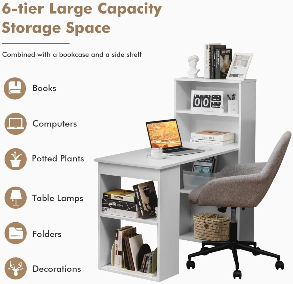 Scrivania con libreria, scrivania per computer, tavolo da ufficio con ripiano laterale destro o sinistro, tavolo da lavoro, 6 ripiani, tavolo da gioco, tavolo per computer portatile, in legno