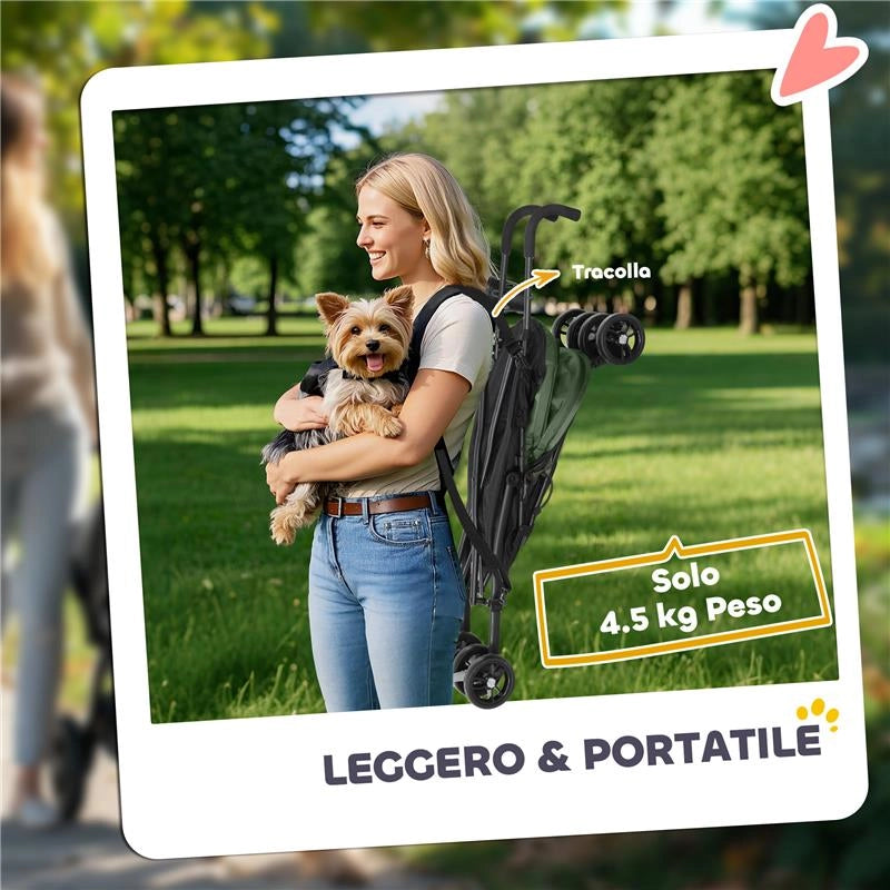 PASSEGGINO PER CANI CON 2 FINESTRE A RETE, IN ACCIAIO E TESSUTO OXFORD, 76X44X103 CM, NERO E VERDE SCURO