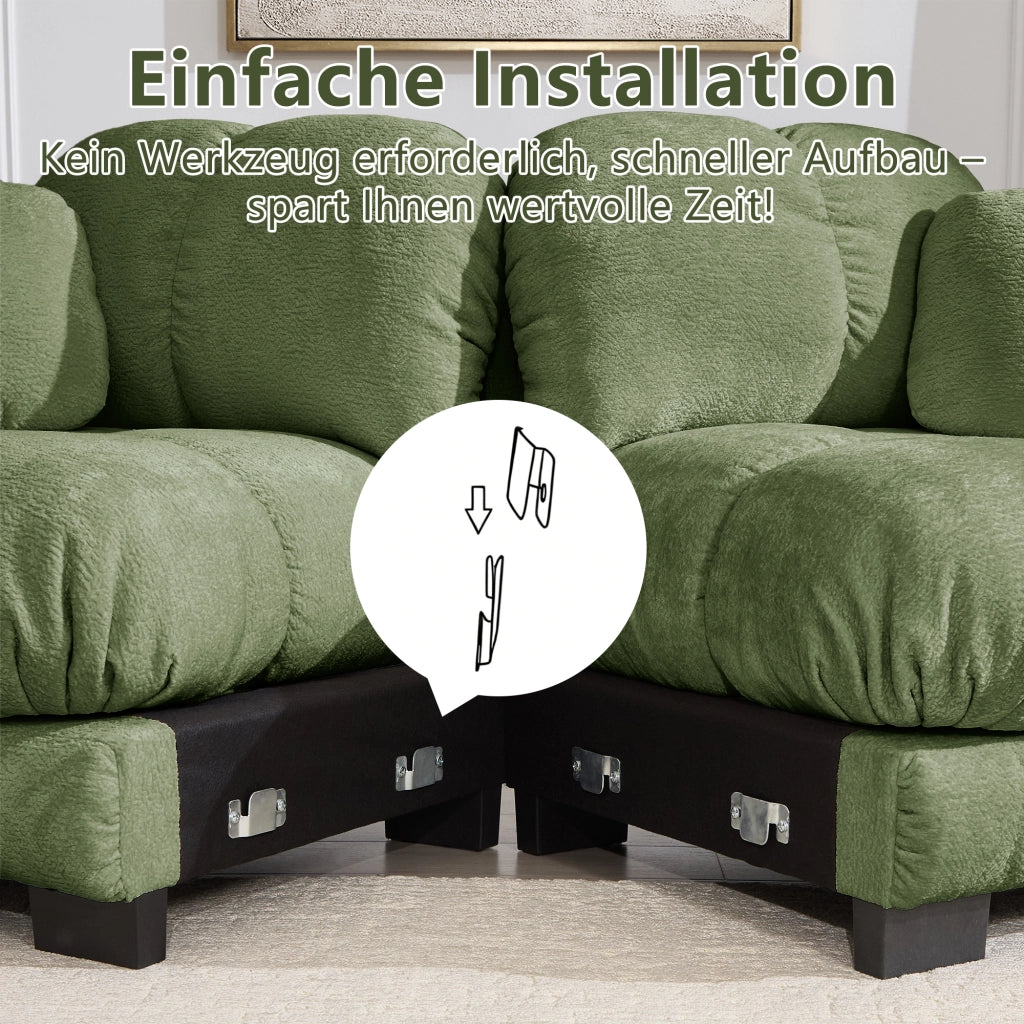 Divano angolare modulare in ciniglia con cuscini spessi e pouf mobile, schienale ergonomico, verde