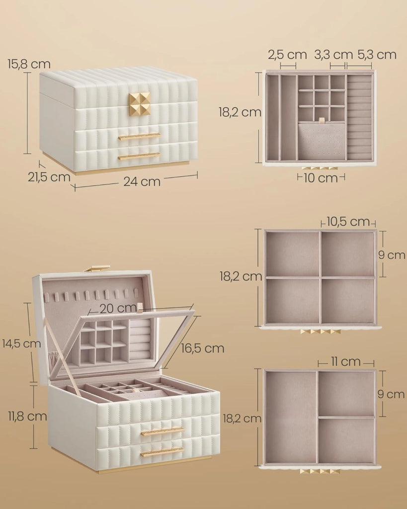 ANAH Collezione - Scatola Portagioie 3 Ripiani con Specchio, Porta Gioielli, 2 Cassetti, PU con Cucitura, Effetto Fluttuante, 21,5 x 24 x 15,8 cm, Idea Regalo, Bianco Nuvola JBC183W01